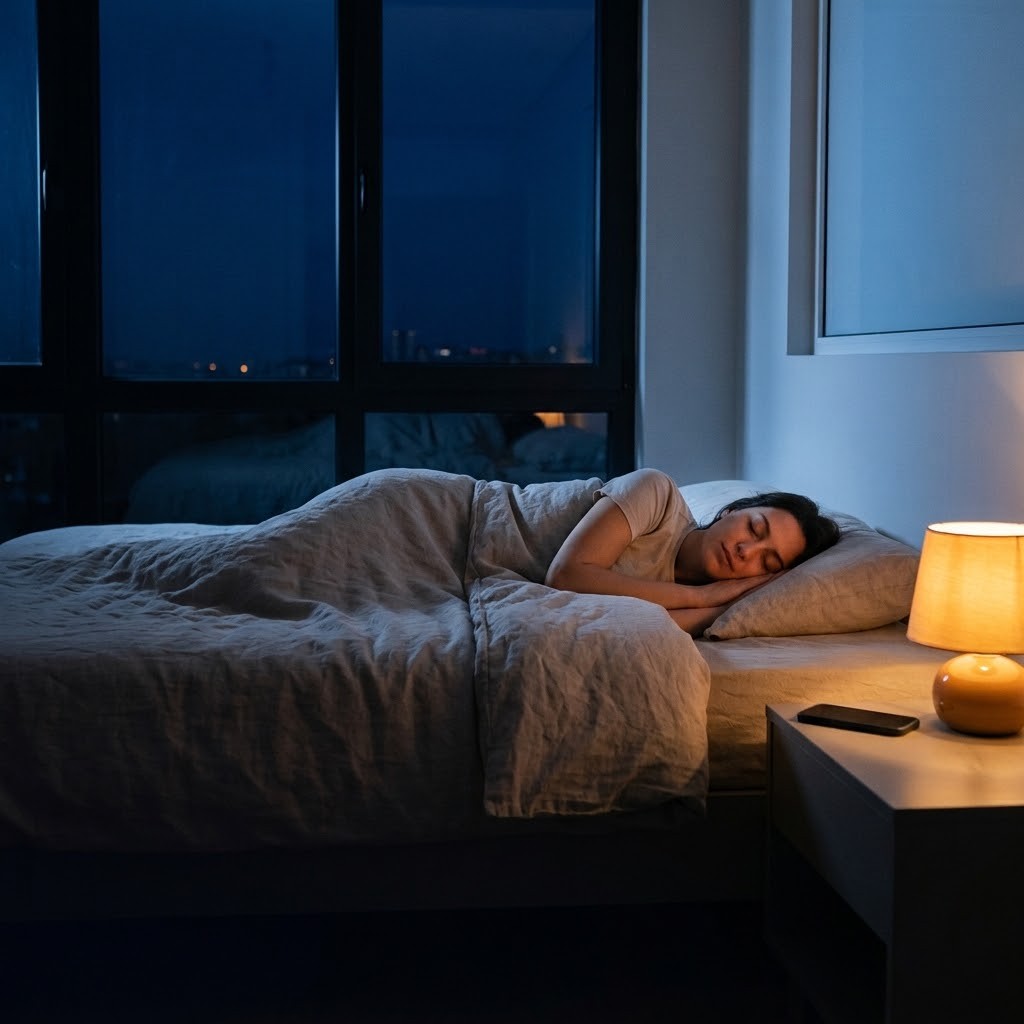 Gece, lamba ışığında yan yatmış huzurla uyuyan bir kadın; arkada büyük pencere